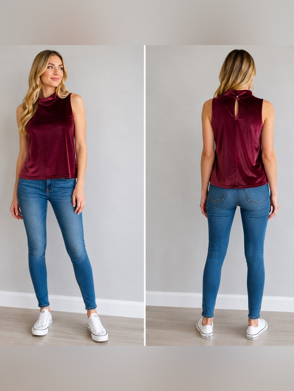 LOFT Velvet Mock Neck Sleeveless Top XL Burgundy Stretch Keyhole Back